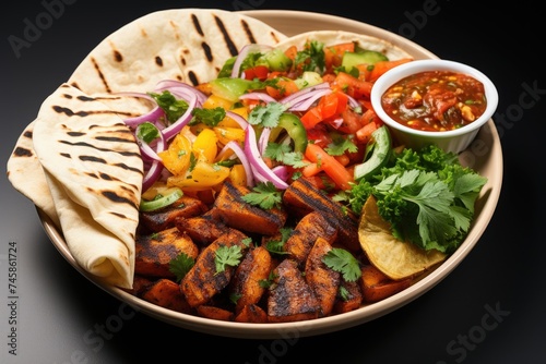 Kebab dish, vegetables and isolated chips in the white background, generative IA