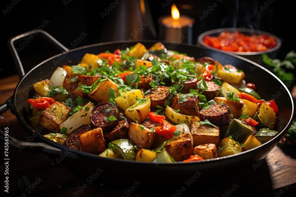 Ratatouille of vegetables in the pan on a wooden table, generative IA