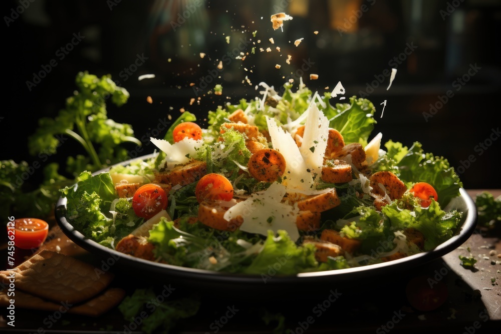 Black-up caesar with chicken, tomato, lettuce, olives, cookies, Parmesan cheese on, generative IA - obrazy, fototapety, plakaty 