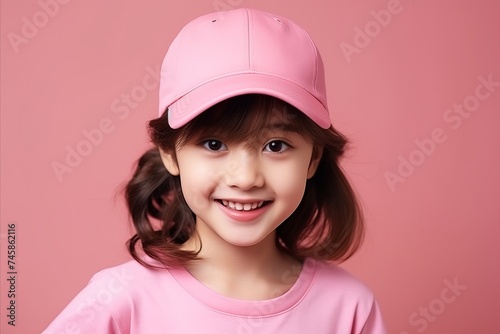 Portrait of a cute little girl in a pink cap on a pink background