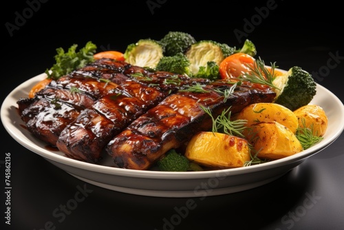 Tasty grilled ribs with vegetables on the plate, isolated in the white background., generative IA