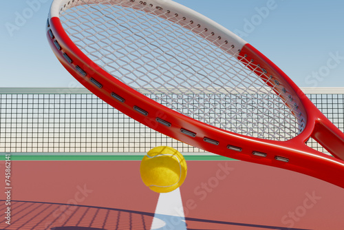 Tennis racket and sports ball in flight against the backdrop of the court net. 3d rendering © Olga
