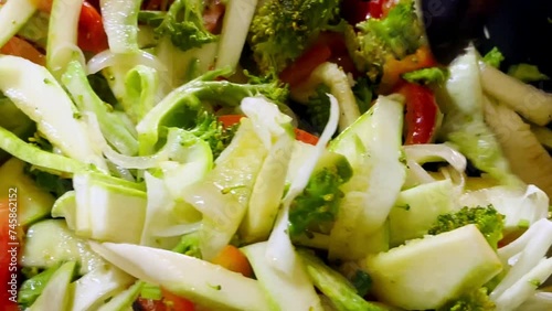 close up of vegetables cooked in pan, delicious healthy food, varied vegetables.
