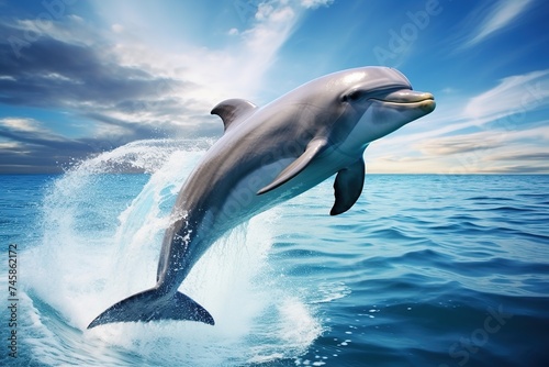 Majestic dolphin leaping in vibrant ocean waters  showcasing its agility and grace  perfect for marine life enthusiasts