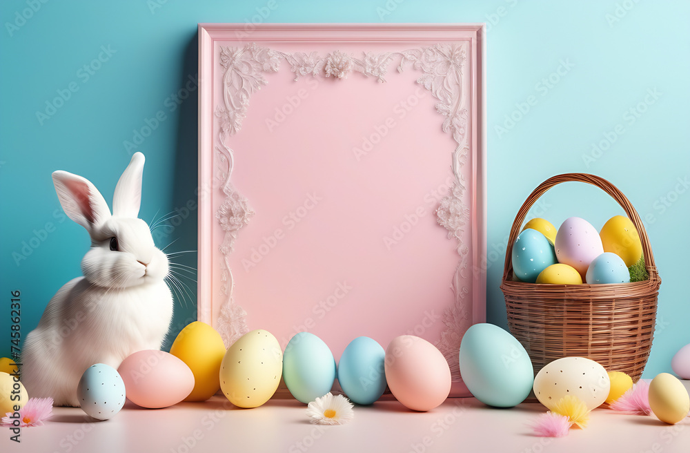 
Pink banner for a greeting card on a blue background surrounded by Easter paraphernalia, a white rabbit, colored eggs