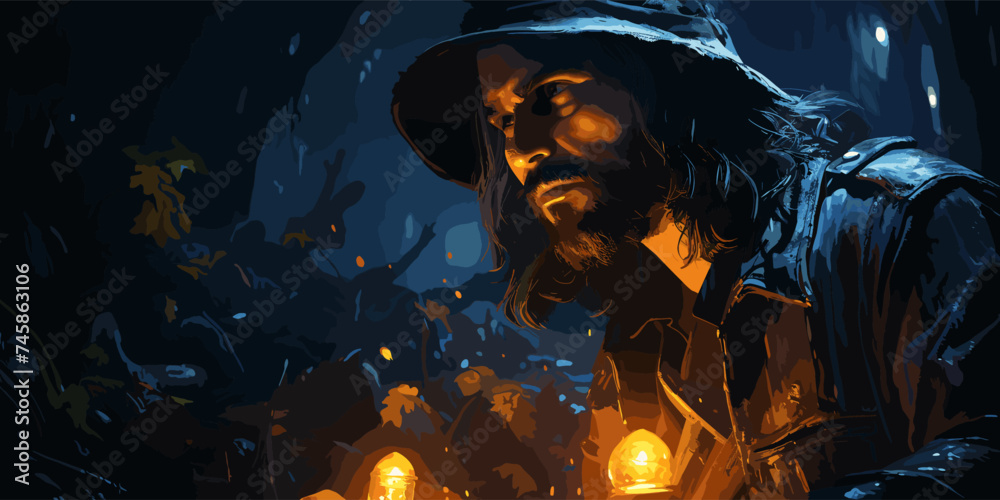 pirate searching with a blue light torch in dark forest, digital art style, illustration painting - obrazy, fototapety, plakaty 