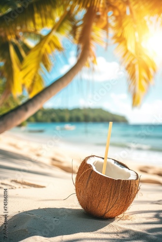 Tropical coconut juice, water, cocktail with bamboo drinking straw on sunny beach and palm minimal. Cold summer refreshment beverage for enjoy. Close up.
