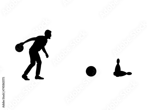 Silhouette of a man with a ball. Bowling player and bowling bottles silhouette vector.
