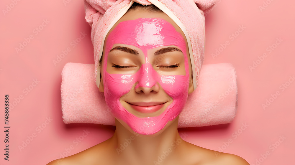Content woman with a pink face mask and towel wrapped around her hair, lying back and enjoying a pampering spa treatment.
