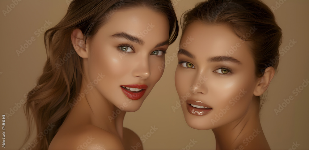 Digital art of two beautiful women with perfect makeup and glowing skin, exuding elegance and grace. Close-up Portrait of Two Women with Flawless Makeup Digital art of two beautiful women with perfect makeup and glowing skin, exuding elegance and grace. Close-up Portrait of Two Women with Flawless Makeup