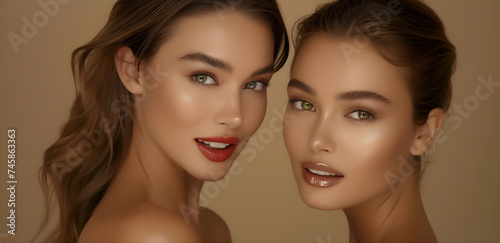 Digital art of two beautiful women with perfect makeup and glowing skin, exuding elegance and grace. Close-up Portrait of Two Women with Flawless Makeup