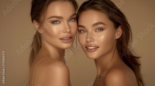 Close-up of two beautiful models with natural makeup, showcasing glowing skin and subtle cosmetic elegance in a beauty campaign.

