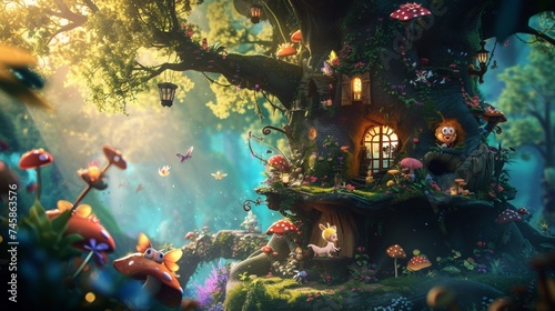 A magical forest inhabited by fantastical cartoon creatures like talking trees, mischievous fairies, and whimsical creatures engaged in playful activities.