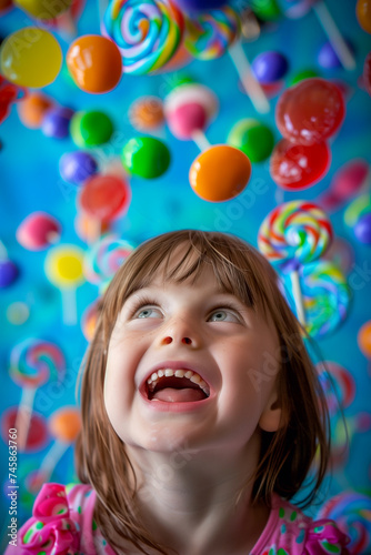 A beautiful smiling little girl looks up at a shower of lollipops and candies