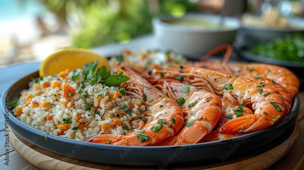 Gourmet Seafood Feast: Fresh Prawns and Seasoned Rice on a Sunny Day Gourmet Seafood Feast: Fresh Prawns and Seasoned Rice on a Sunny Day