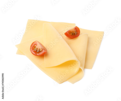 Slices of tasty fresh cheese and tomatoes isolated on white, top view