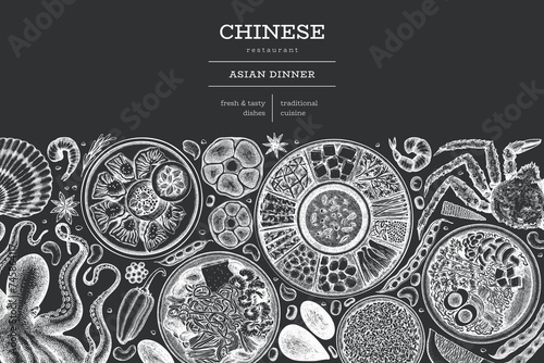 Chinese Cuisine Chalk Board Design Template. Vector Hand Drawn Asian Food Banner. Vintage Style Menu Chalk Illustration.