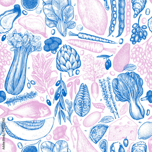Mediterranean Cuisine Seamless Vector Pattern. Vector Hand Drawn Healthy Food Background. Vintage Style Menu Illustration.