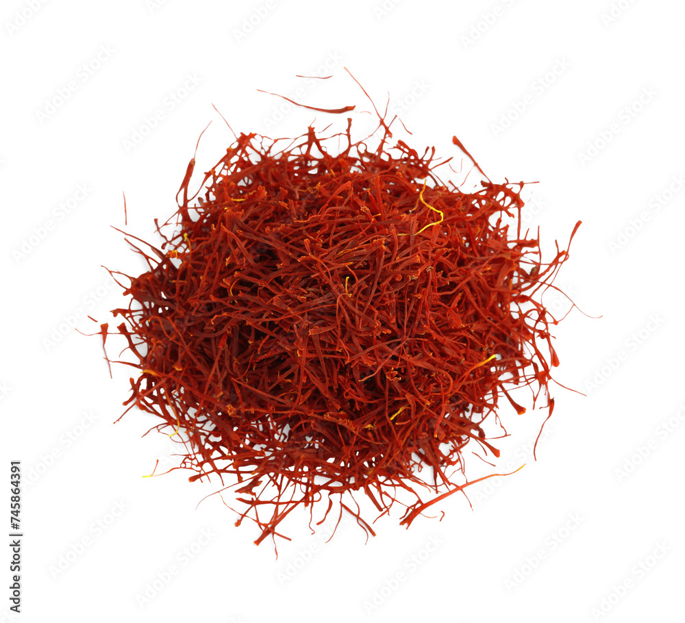 Naklejka premium Pile of dried red saffron isolated on white, top view