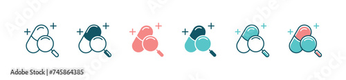 search capsule medicine icon magnifier medical pill treatment sign set health care prescription tablet vector illustration