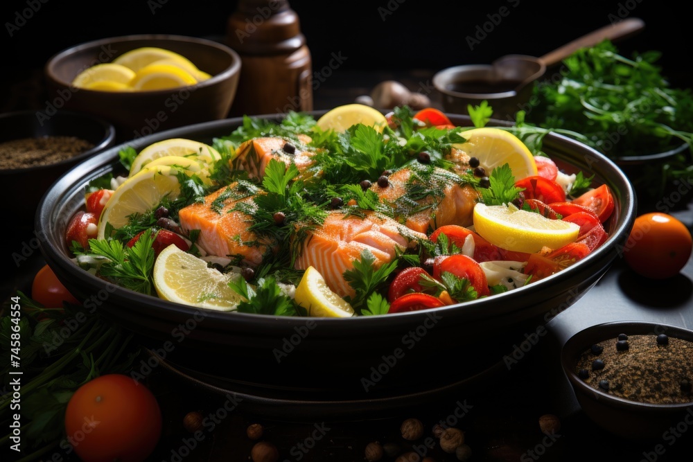 Seafood salad with salmon, shrimp, mussels, herbs and tomatoes, generative IA