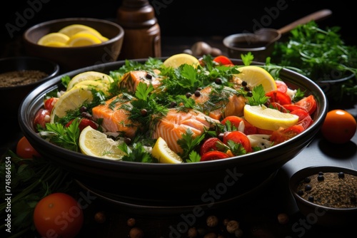 Seafood salad with salmon  shrimp  mussels  herbs and tomatoes  generative IA