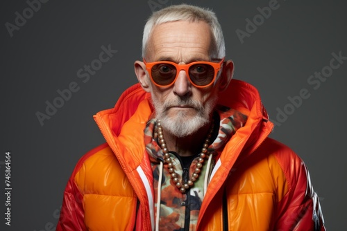 Portrait of a stylish senior man in orange jacket and sunglasses. © Loli