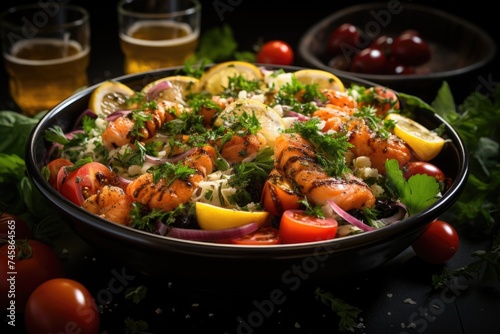 Seafood salad with salmon, shrimp, mussels, herbs and tomatoes, generative IA