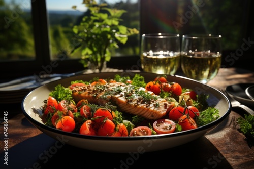 Healthy salad with salmon  tomatoes  mushrooms  lettuce and lentils in the dark  generative IA