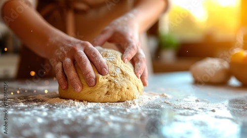 Golden Hour Baking  Hands Kneading Fresh Dough Amidst Flour Dust