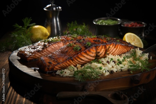 Grilled salmon with rice with side views for dill pepper, generative IA © Gabriel