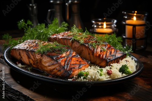Grilled salmon with rice with side views for dill pepper, generative IA