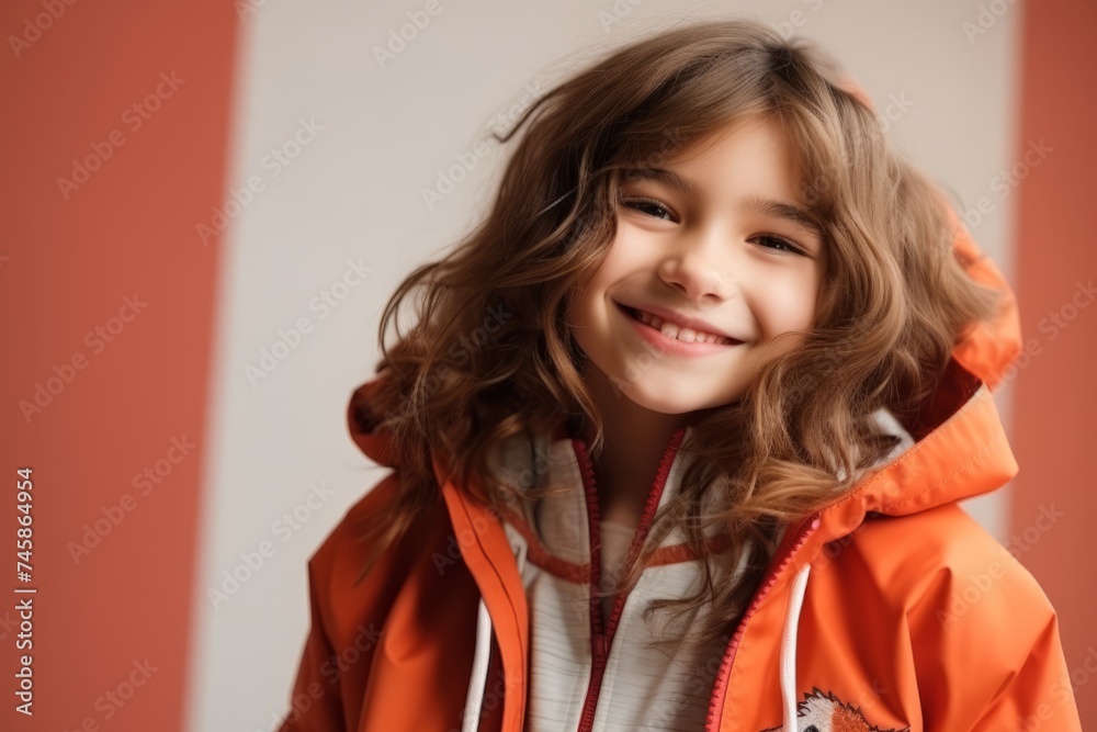 Portrait of a cute little girl in orange raincoat looking at camera Portrait of a cute little girl in orange raincoat looking at camera