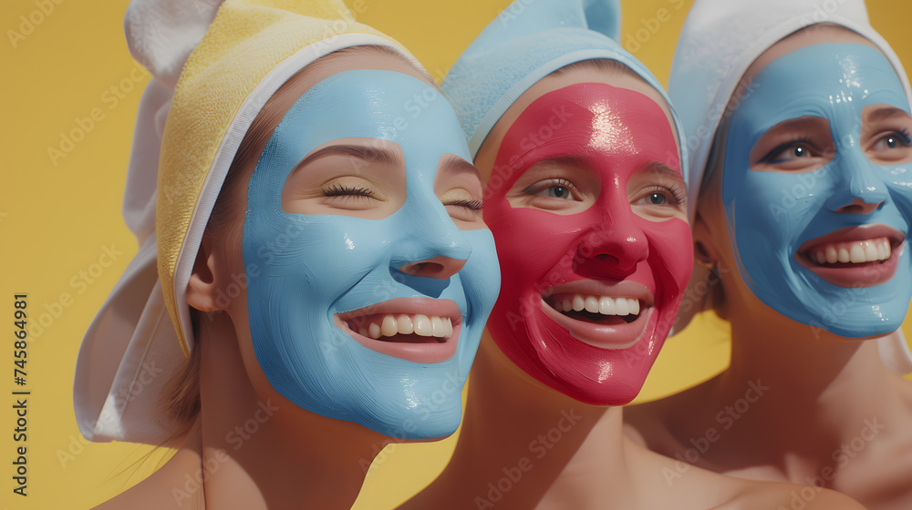 Group of three joyful friends with bright facial masks and hair towels having fun during a beauty routine against a sunny backdrop.
Group of three joyful friends with bright facial masks and hair towels having fun during a beauty routine against a sunny backdrop.