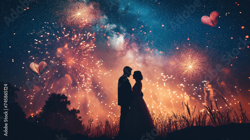 A romantic fireworks display at a beach wedding.