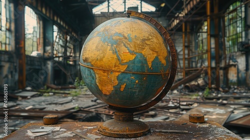 Old globe in abandoned factory. International Earth Day. Generative AI