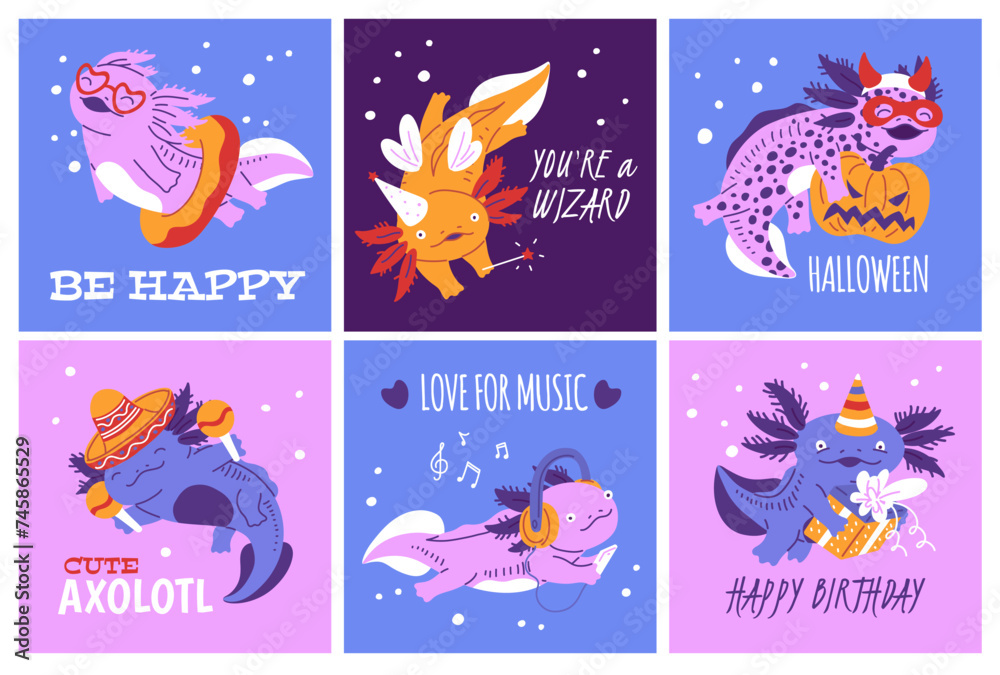 Cards for various occasions and holidays with axolotl, vector illustration. Cards for various occasions and holidays with axolotl, vector illustration.