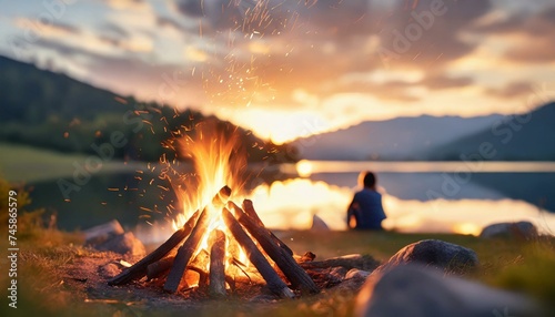 Campfire in front of a lake at sunset, the silhouette of a person sitting by the water outdoors in summer.