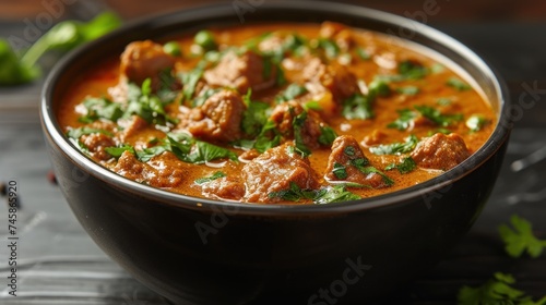 Savory Delight: A Close-Up of a Hearty Meat Stew Garnished with Fresh Herbs