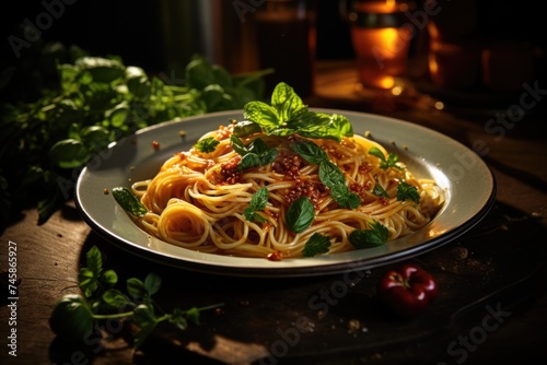 A noodle plate with tomato sauce and fresh basil on a table., generative IA © Gabriel