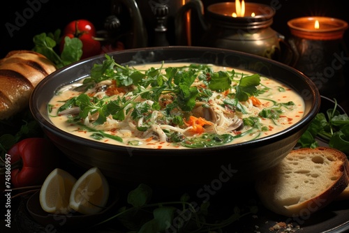 A creamy seafood soup with prawns and mussels, generative IA
