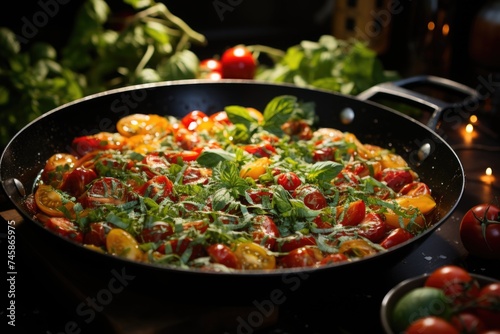 A pasta pan with tomato sauce and basil on top., generative IA
