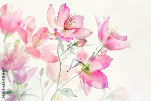 Watercolor botanical art summer pink flowers on white background, horizontal banner