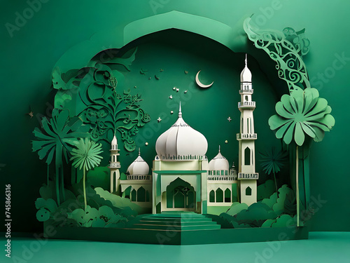 Mosque in papercut style on green background