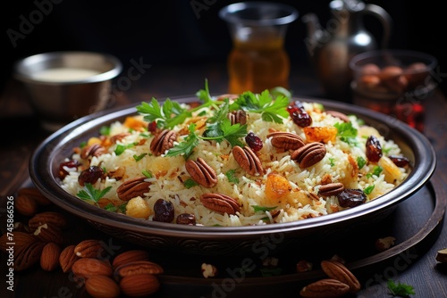 Pilaf sour sight with Chesntnuts and Dry Fruits on a plate, generative IA