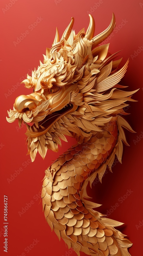 Obraz premium a golden dragon statue is hung on a red background