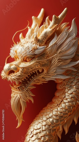 a golden dragon statue is hung on a red background