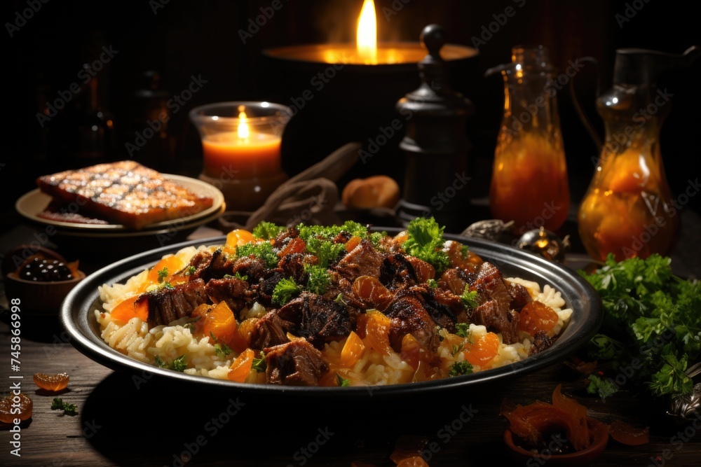 Stem sight of lamb stew meat with fried onion and dried fruits with rice on a plat, generative IA
