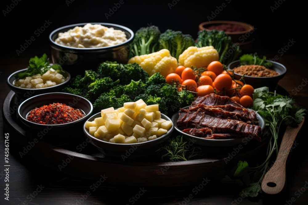 Upper view of the meal of cooked vegetables, including vegetable sauce and meat on, generative IA