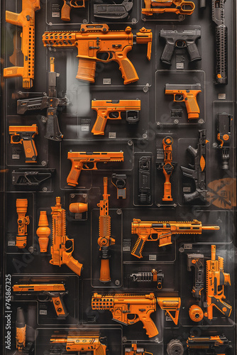 Assorted orange firearms and tactical gear on display, transparent background, detailed collection, 32k, UHD.